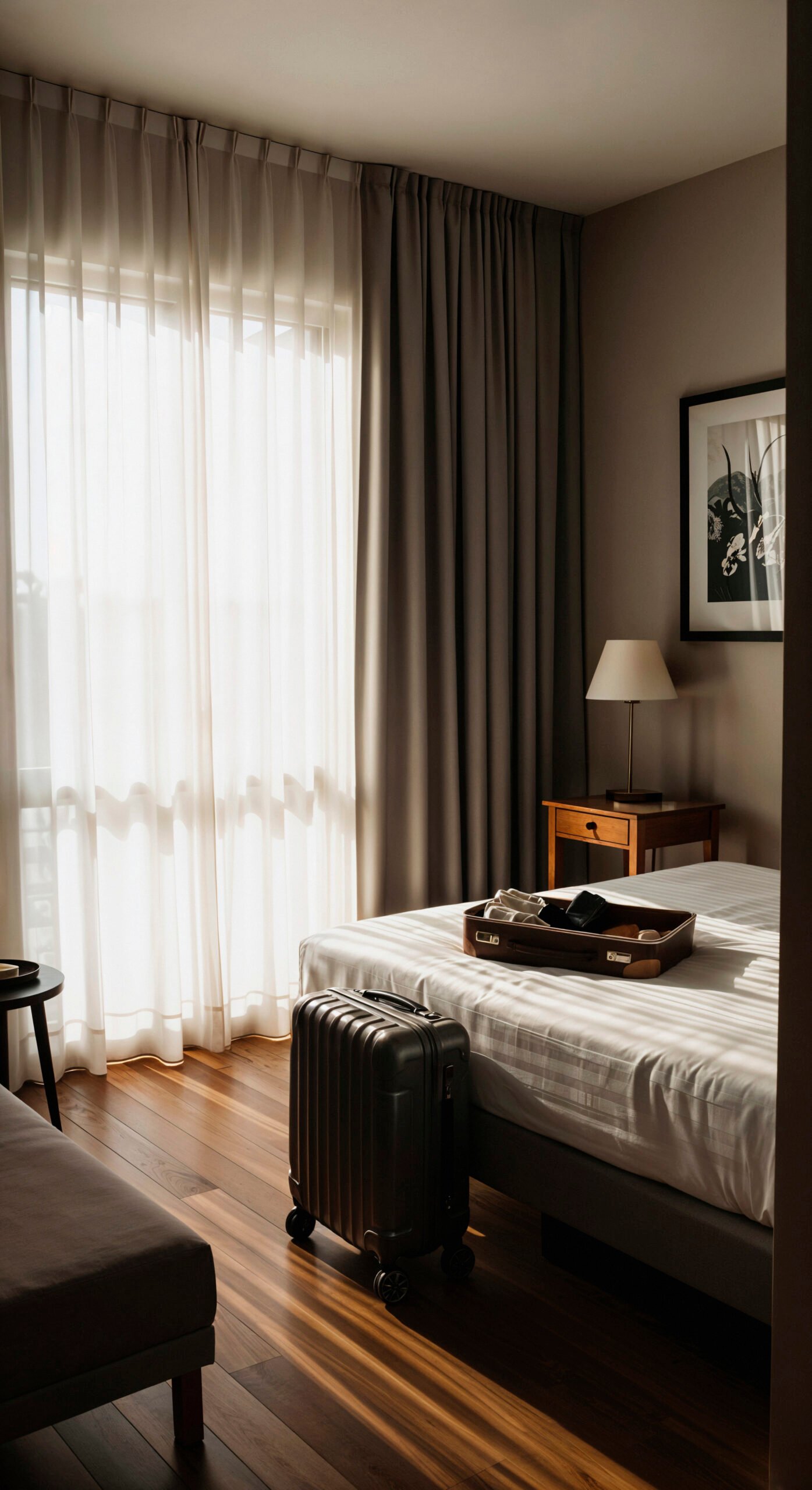 Cozy Elegant Hotel Bedroom With Sunlight Luggage Scaled